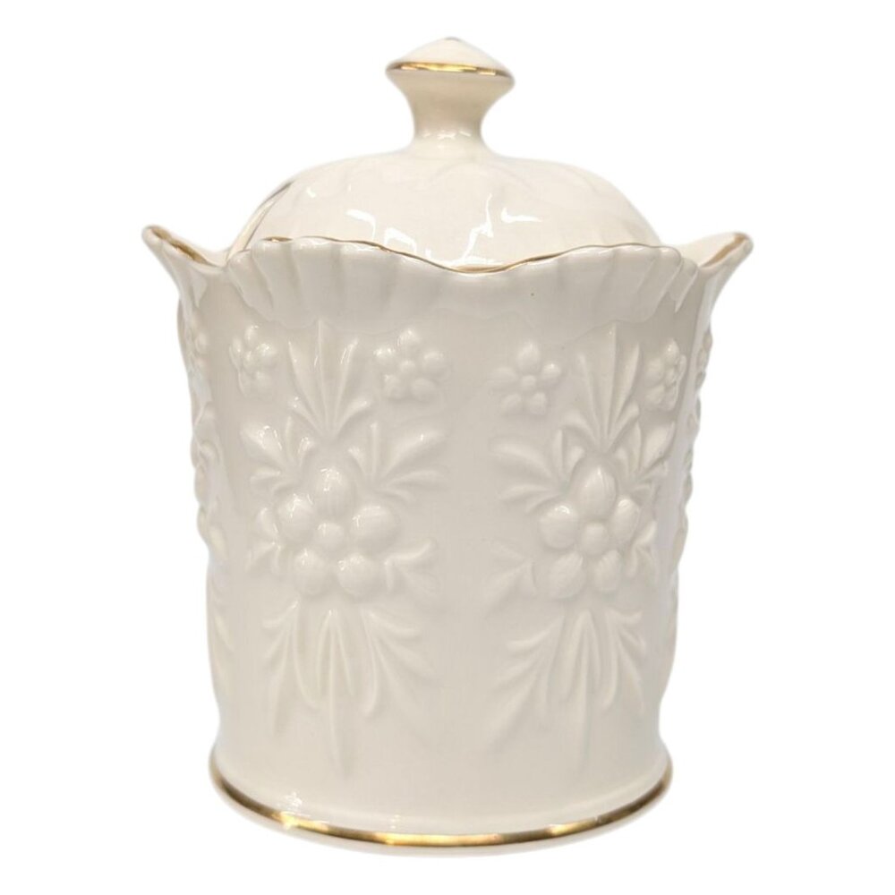 Vtg Aynsley Camellia Lidded Marmalade Jam Jar Cream Gold Trim Embossed 5"